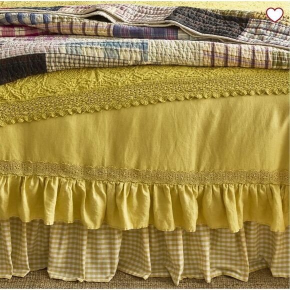 Pottery Barn Green Row Linen Ruffle Crochet Duvet Cover & Shams Full Queen Marig - Picture 2 of 10